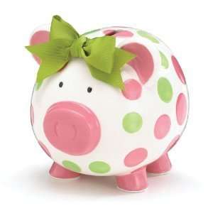 Pink and Green Polka dot Piggy Bank With Bow Adorable Nursery Decor 