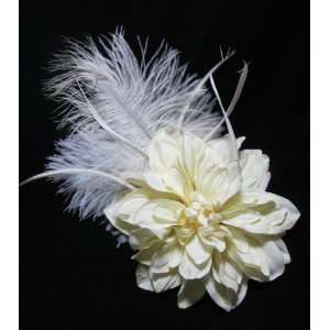  Large Ivory Dahlia Flower with Ostrich Feathers Hair Clip 