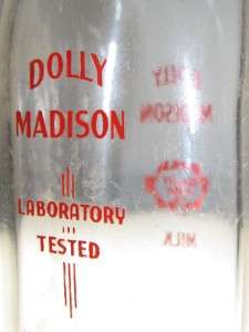 vintage~Dolly Madison~Half Pint~Milk Bottle~Laboratory Tested~clear 