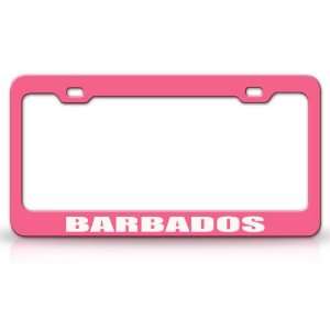 BARBADOS Country Steel Auto License Plate Frame Tag Holder, Pink/White 