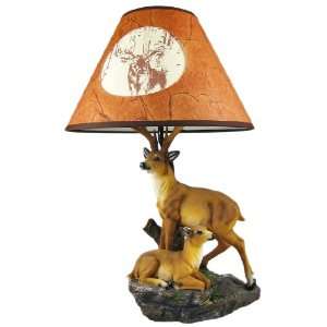  Deer Family Table Lamp W/ Tree Bark Print Shade Nature 