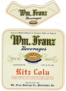 1930s Wm. Franz Ritz Cola Label   Philadelphia, PA  
