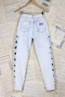 Vtg 80s Acid Wash Ice Denim Lace Cutout Jeans XS/S  