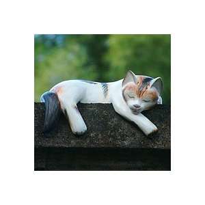    NOVICA Wood statuette, Sleeping Tabby Cat