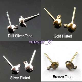4mm Ball Earring Post W/Loop Gold/Silver Plt,Silver Tone,Bronze 100Pc 
