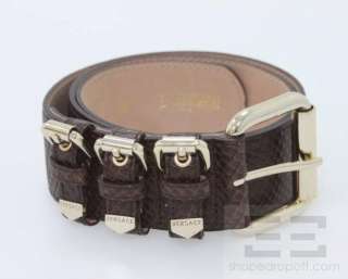 Versace Brown Leather Snakeskin Embossed Gold Buckle Belt Size 34/100 