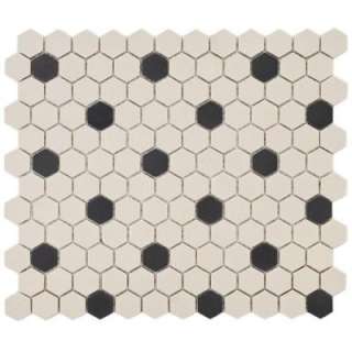 Merola TileOld World Hex With Dot Antique White and Black 12 5/8 in. x 