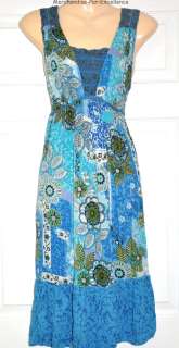 FORBIDDEN Boho Peasant DRESS Sleeveless recycled BLUE Floral beaded 