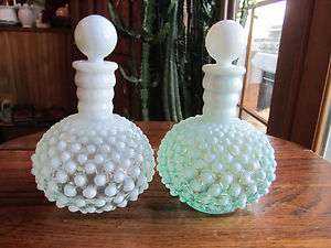 pair of Fenton Hobnail Green Opalescent Cologne Bottles  