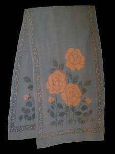 Vintage Silk Scarf Hand Print Peach Rose On Blue 1920’S  