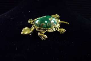 Vintage Gold Tone Green Speckled Back Turtle Brooch  