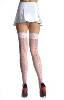 Sheer Thigh High Stockings with Printed Hearts Back Seam and Lace Top 