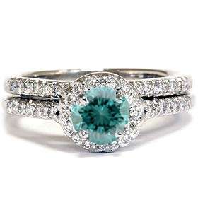  .75CT Blue Diamond Halo Wedding Ring Set 14K White Gold Jewelry