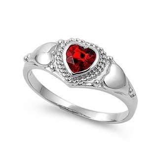 Rhodium Plated Sterling Silver 9mm Heart Shaped Garnet CZ Ring (Size 4 
