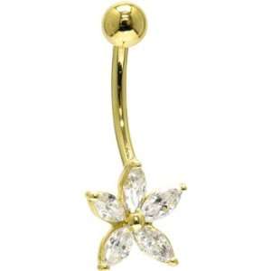    Solid 14kt Yellow Gold Cubic Zirconia Lily Belly Ring Jewelry