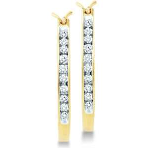10k Yellow Gold Round Channel Set Diamond Hoop Huggie Earrings   22mm 