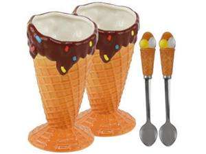    Set of 2 Ceramic Ice Cream Waffle Cone Cups & Spoons