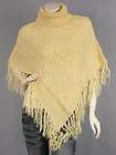 Almond Fringes Cable Knit Turtle Neck Poncho M