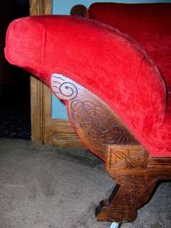 Antique FAINTING COUCH, chaise, lounge, red velvet, VICTORIAN ERA 