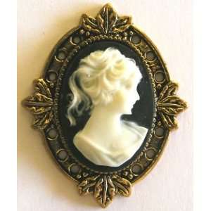  Cameo Pin Lady Cameo,Black & Ivory, Gold Color Finish 