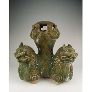 com one Green Glaze Pottery Tri lion Incense Burner, Chinese Antique 