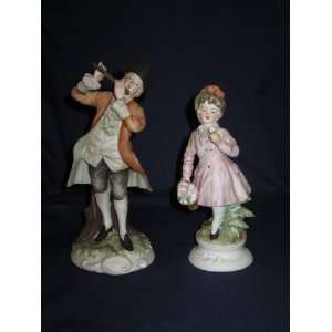 Pair of Vintage Lefton Porcelain Colonial Woman w/ Basket and Man 
