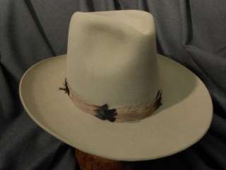 Vtg STETSON 5X Western Cowboy Hat Light Gray Feather Band Size 7 Fur 