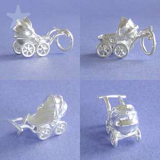 PRAM Sterling Silver Charm Pendant BABY CARRIAGE WITH MOVING HOOD 