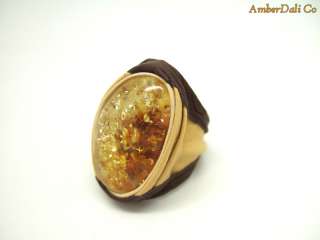 Genuine Baltic Amber Ring Leather Lemon color Brown Adjustable  
