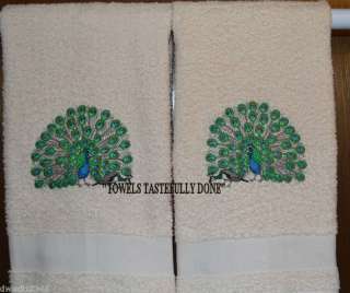 STUNNING PEACOCK PAIR  SET BATH HAND TOWELS  