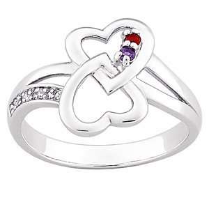 Sterling Silver Couples Hearts Birthstone Ring with Genuine Diamonds