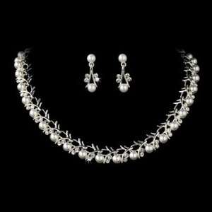  and White Pearl Bridal Set Necklace and Earrings Set 
