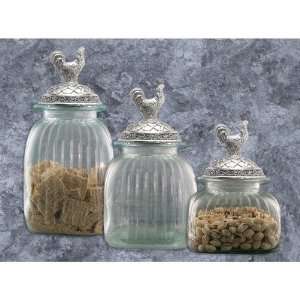   Clear Glass Kitchen Canister Set Pewter Rooster Lids