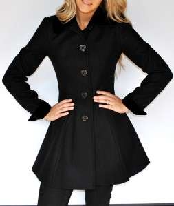   Betsey Johnson Wool Blend Coat Flared Skirted Black 2 Small  