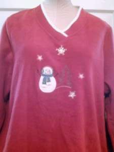 Woman Sweatshirt Cranberry Snowman Snowflakes Embroidery Velour Like 