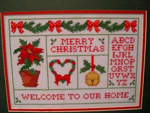 Finished Christmas Cross Stitch framed sampler Welcome alphabet  