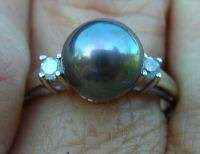 Black 7.75 mm FW Cultured Pearl Diamond 14kt WG Ring 6  