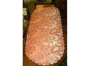  CLASSIC DOILY PINK ROSES PEONE 16X36 OVAL LINEN TABLE RUNNER DRESSER 