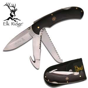 Elk Ridge Knife 3 Blade Saw, Guthook, Drop Point Blades Blk Pakkawood 