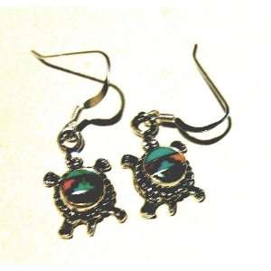    Sterling Silver and Multi Stone Inlay Turtle Earrings Beauty