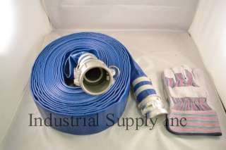 50ft Blue Water Discharge Hose Camlocks w/Striped Leather Gloves 