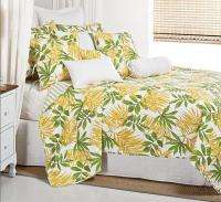 TROPICAL Bedding PALM TREE LEAVES Green Yellow QUILT SET Queen  