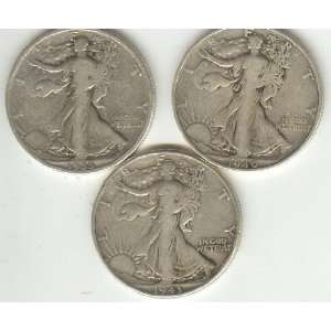  WALKING LIBERTY HALF DOLLARS, 3 DIFFERENT DATES OR MINT 