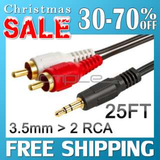 5MM STEREO TO 2 RCA MALE PLUGS AUDIO CABLE ADAPTER 25FT 25  