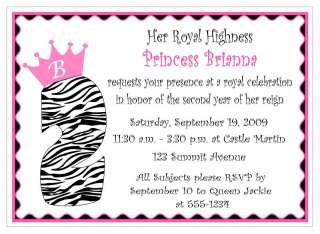 Princess Birthday Party Invitation   Zebra and Pink  