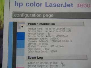 HP LASERJET 4600 COLOR LASER PRINTER 79K PAGE 808736060875  
