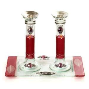  Glass Shabbat Candlesticks of Red Leaves and Accompanying 