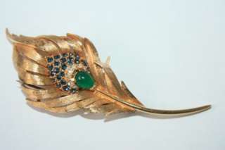   Boucher Peacock Feather Large Brooch W/Blue & Green Stones Brooch