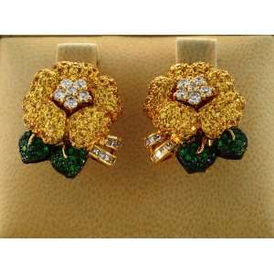 18kt Yellow Gold Diamond, Green Garnet, and Yellow Sapphire Earrings 
