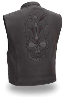   Leather Vest w/ Reflective Skull & Spade for Motorcycle Riders  